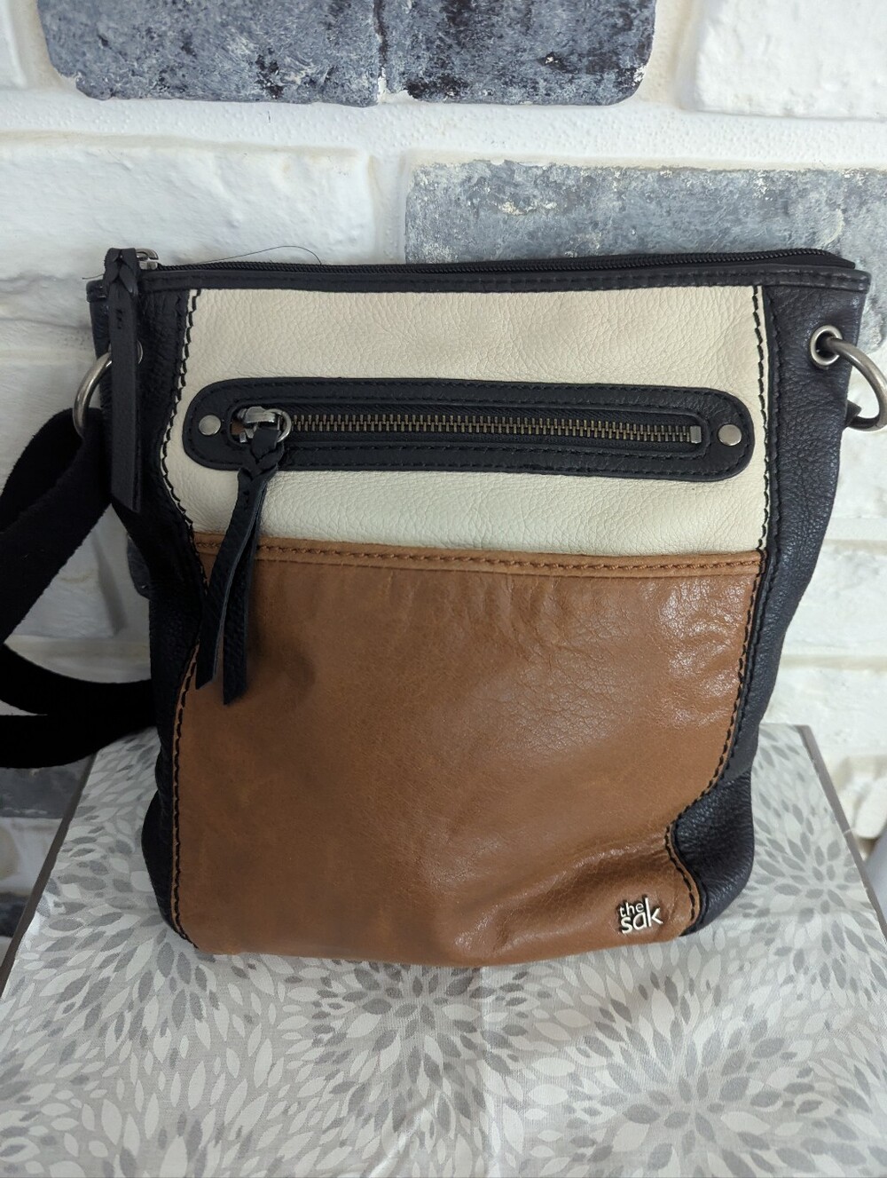 The Sak Leather Messenger Bag - Black, Cream & Brown Colorblock
